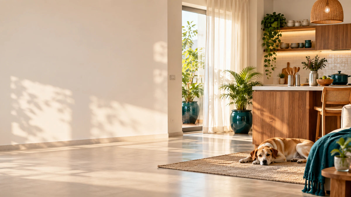 Morning light in an Indian kitchen and living space with a resting dog and deep teal accents
