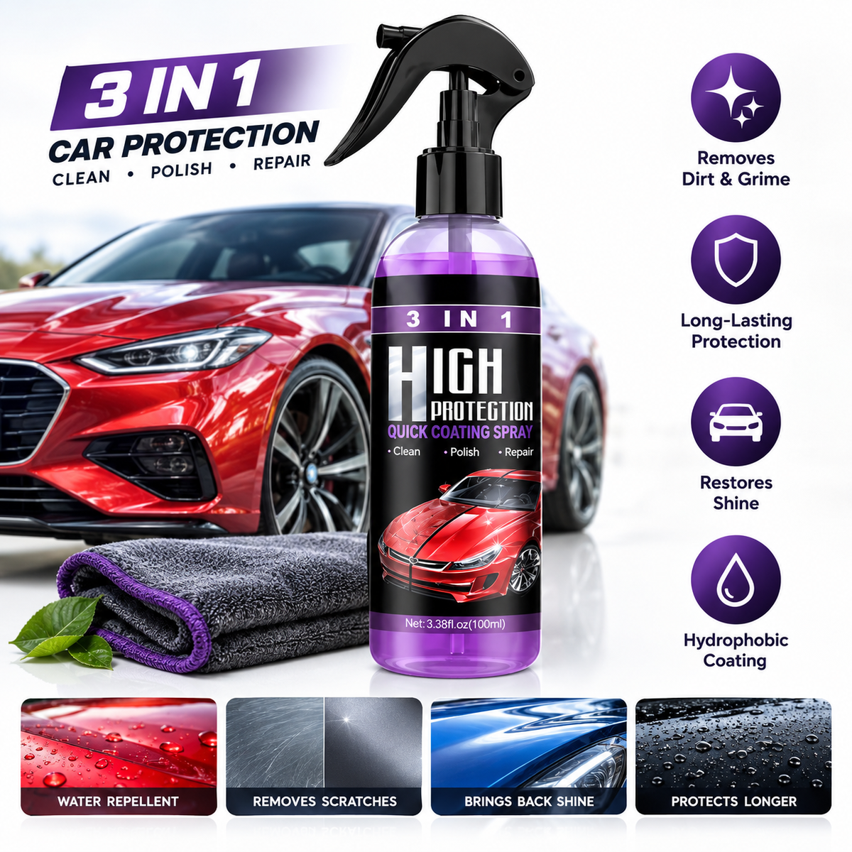 Hydrophobic Polish Nano Coating Agent Car Scratch Spray Cars Polishing for Motorcycles, Boats (Pack of 3)