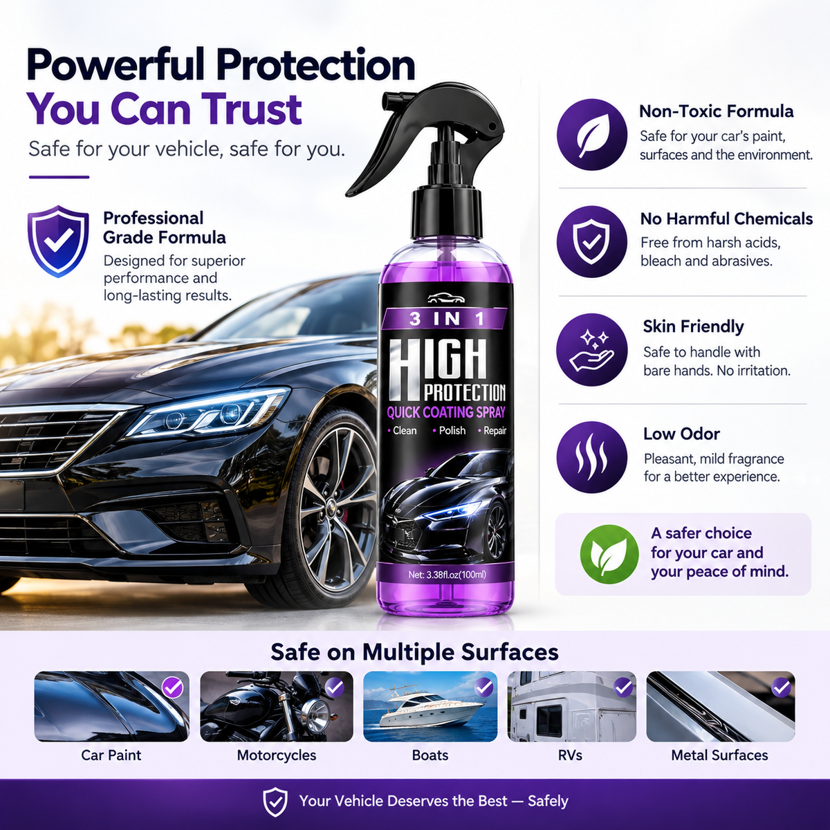Hydrophobic Polish Nano Coating Agent Car Scratch Spray Cars Polishing for Motorcycles, Boats (Pack of 3)