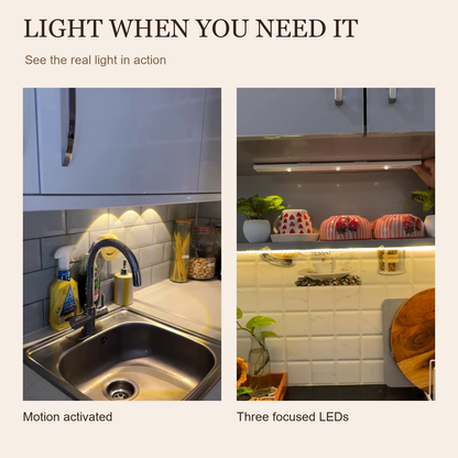 Real video stills showing LumaSense motion lighting and three focused LEDs