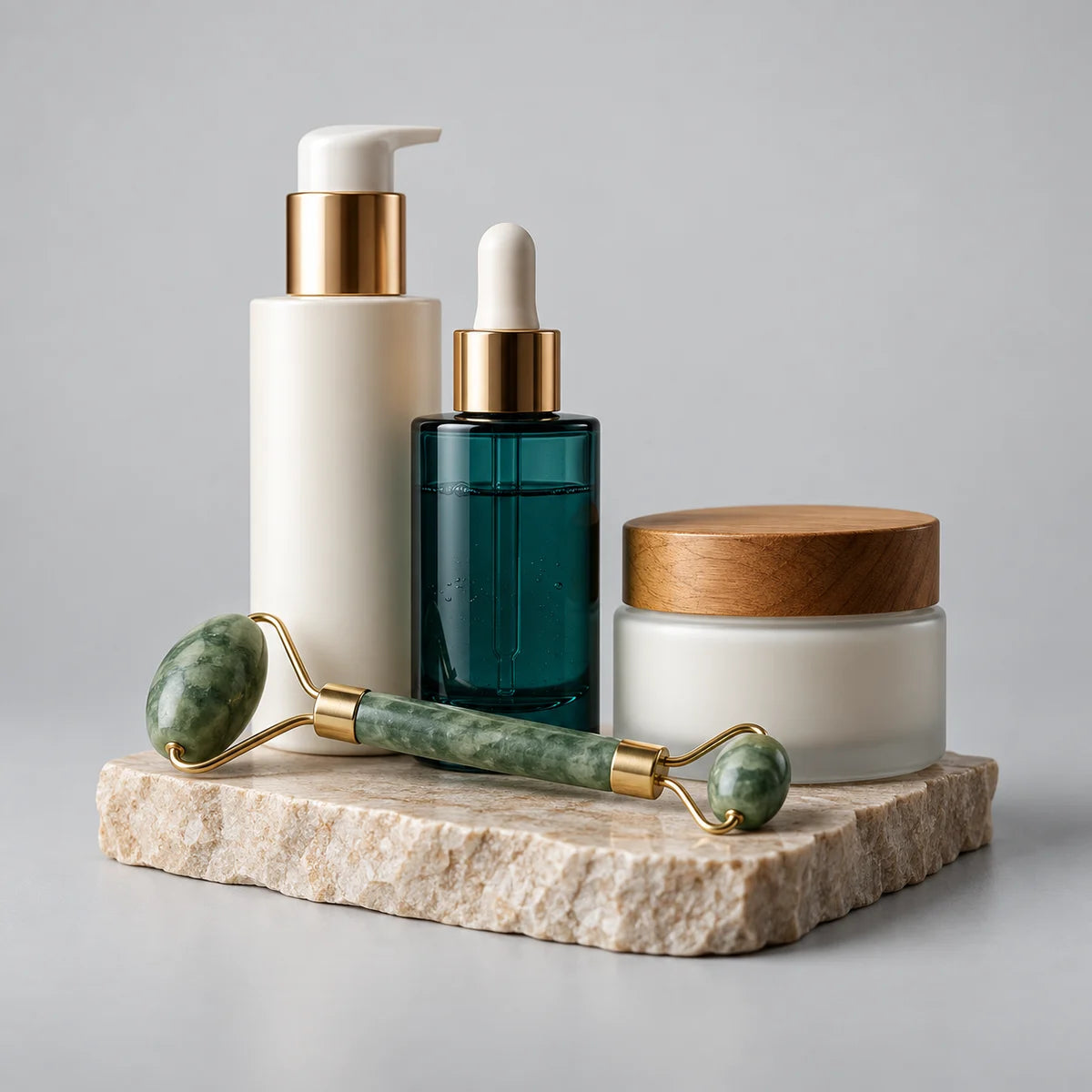 Skincare bottles and jade roller