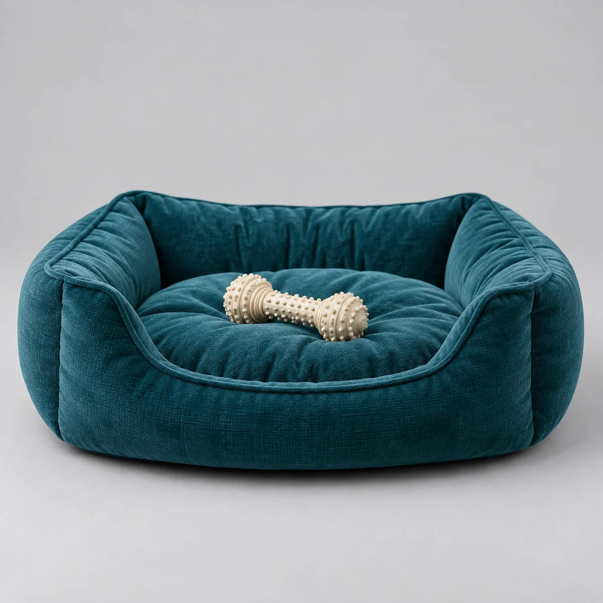 Deep teal pet bed with toy