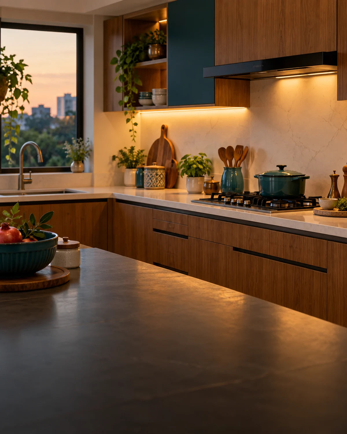 Calm kitchen with cabinet lighting