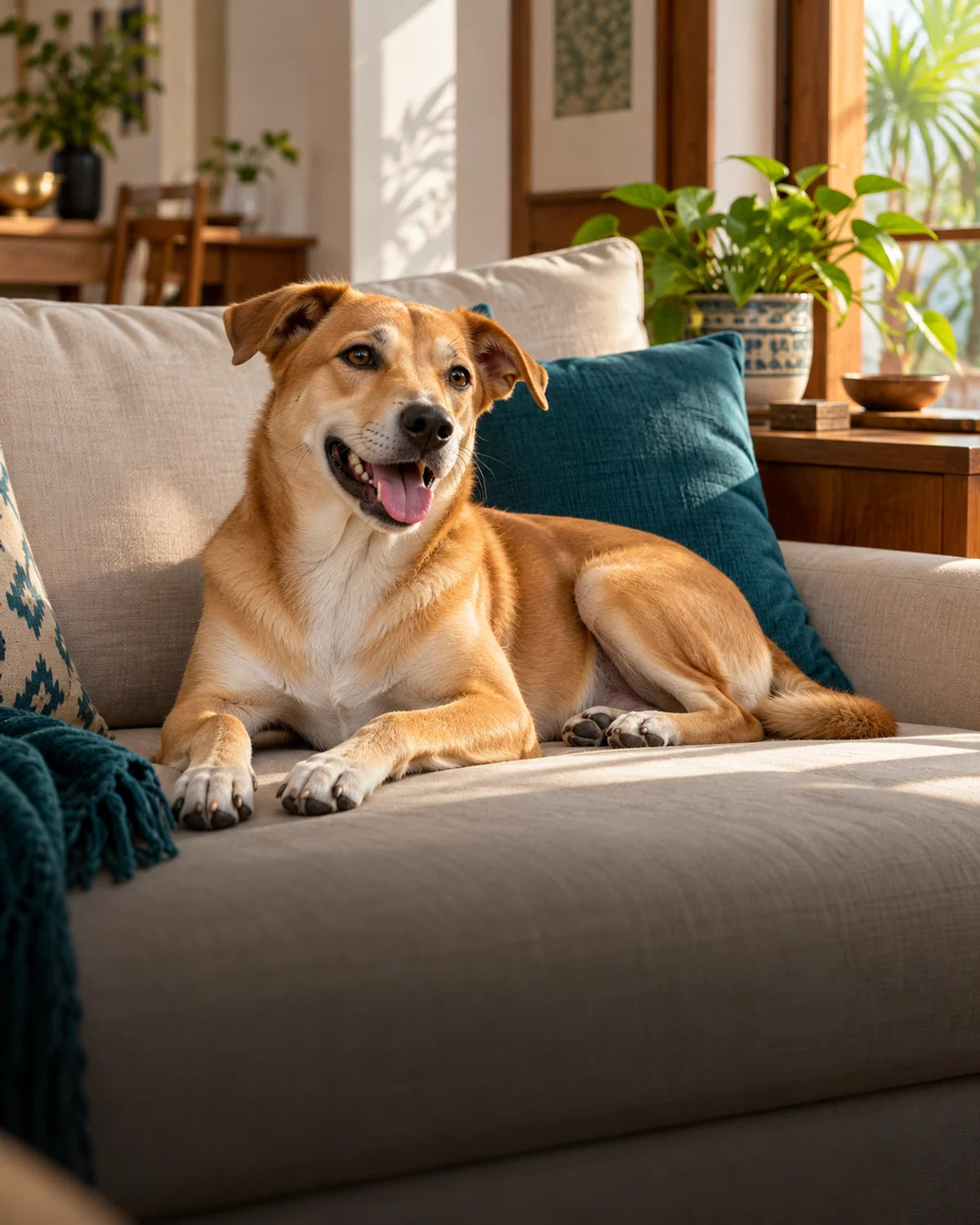 Dog relaxing in a sunlit home