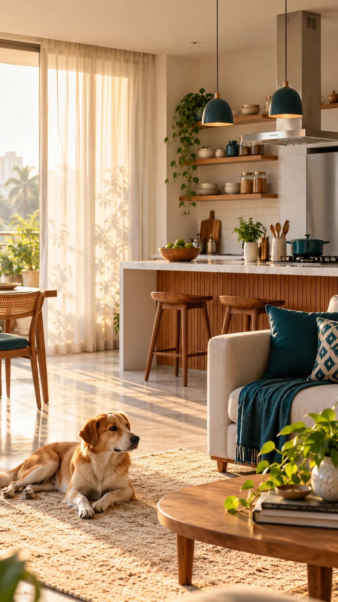 Sunlit Indian living space with a resting dog