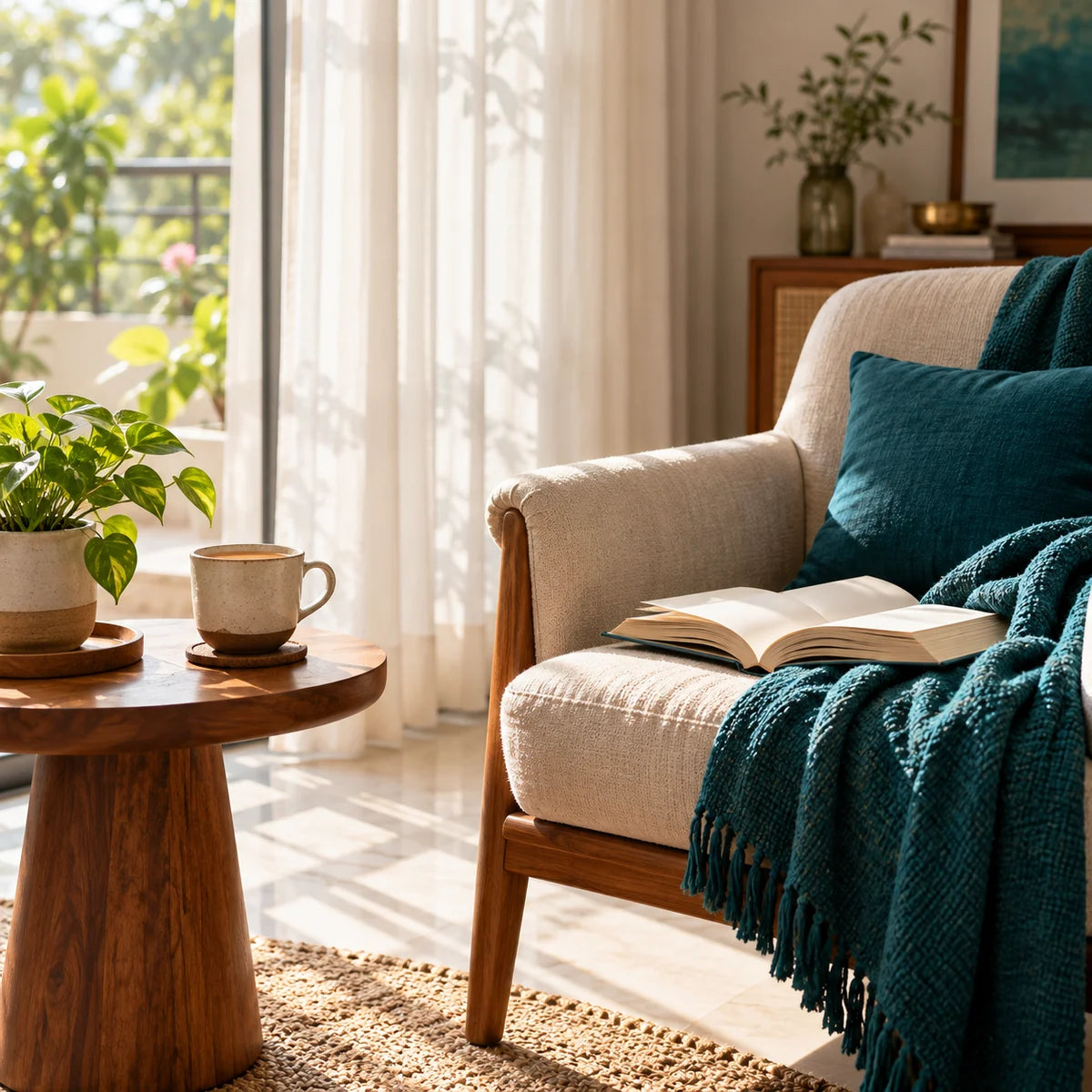 Reading corner with chai, plant and throw