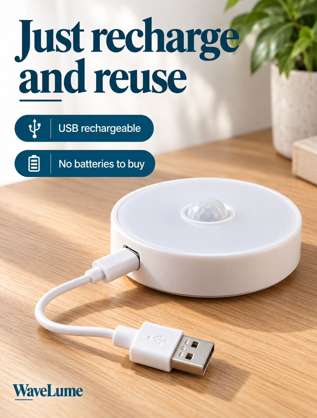WaveLume Rechargeable Motion Light on Wood
